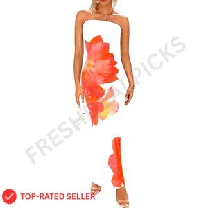 Strapless Maxi Dress Bodycon Floral Mesh Formal Cocktail Elegant Wedding Guest